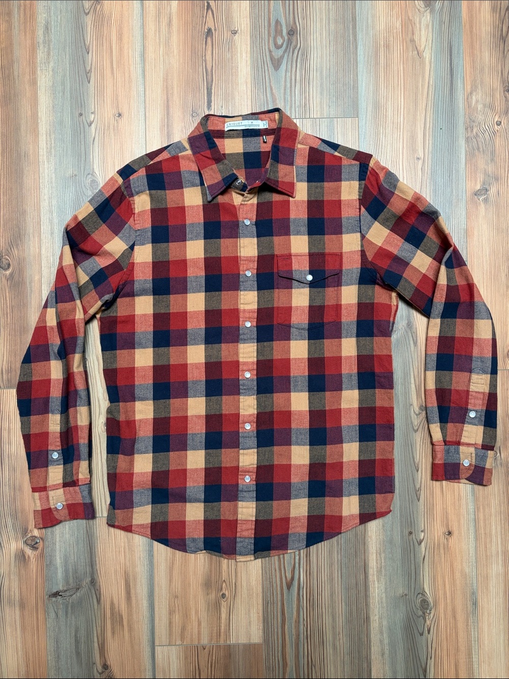 Criquet Flannel Pearl Snap Red, Navy & Tan Plaid Button-Down Shirt Medium